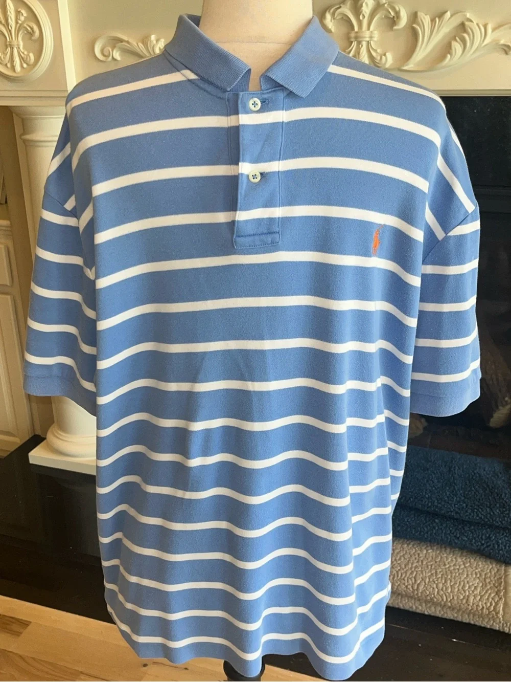Polo Ralph Lauren Soft Cotton Knit Blue and White Striped Polo Shirt